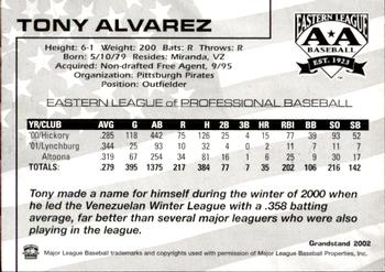 2002 Grandstand Eastern League Top Prospects #NNO Tony Alvarez Back