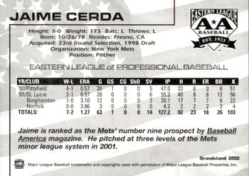 2002 Grandstand Eastern League Top Prospects #NNO Jaime Cerda Back