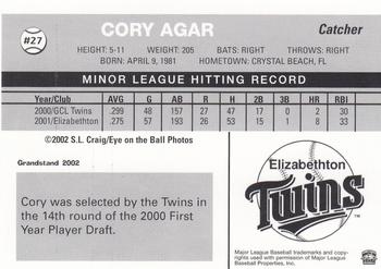 2002 Grandstand Elizabethton Twins #27 Cory Agar Back