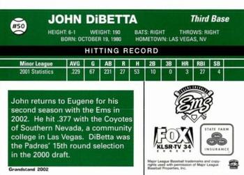 2002 Grandstand Eugene Emeralds #NNO John DiBetta Back