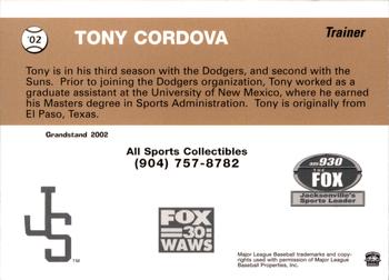 2002 Grandstand Jacksonville Suns #6 Tony Cordova Back