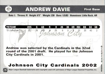 2002 Grandstand Johnson City Cardinals #31 Andrew Davie Back