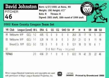 2002 Grandstand Kane County Cougars #15 David Johnston Back