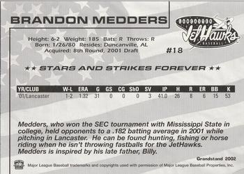 2002 Grandstand Lancaster JetHawks #18 Brandon Medders Back