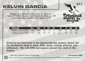 2002 Grandstand Missoula Osprey #11 Kelvin Garcia Back
