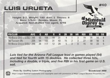 2002 Grandstand Missoula Osprey #40 Luis Urueta Back