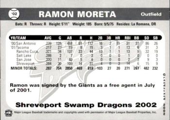 2002 Grandstand Shreveport Swamp Dragons #NNO Ramon Moreta Back