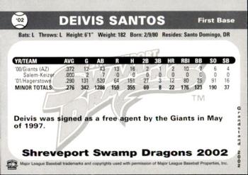 2002 Grandstand Shreveport Swamp Dragons #NNO Deivis Santos Back