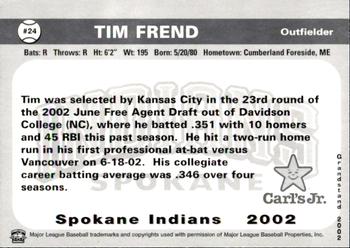 2002 Grandstand Spokane Indians #24 Tim Frend Back