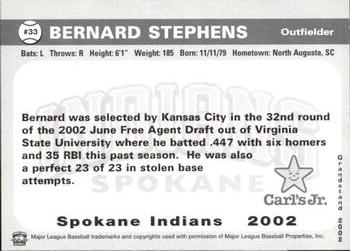 2002 Grandstand Spokane Indians #33 Bernard Stephens Back