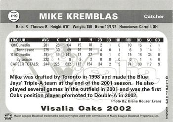 2002 Grandstand Visalia Oaks #NNO Mike Kremblas Back