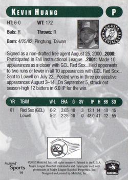 2002 MultiAd Augusta GreenJackets #14 Kevin Huang Back