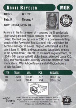 2002 MultiAd Augusta GreenJackets #26 Arnie Beyeler Back