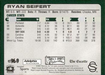 2002 MultiAd Colorado Springs Sky Sox #25 Ryan Seifert Back