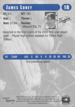 2002 MultiAd Great Falls Dodgers #1 James Loney Back