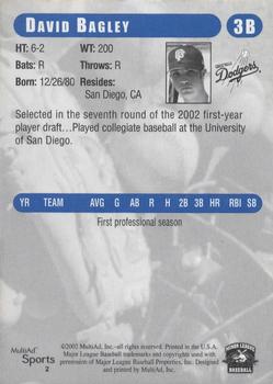 2002 MultiAd Great Falls Dodgers #2 David Bagley Back