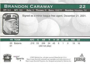 2002 MultiAd Lexington Legends #8 Brandon Caraway Back