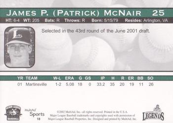 2002 MultiAd Lexington Legends #18 Patrick McNair Back