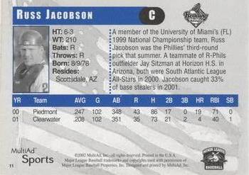 2002 MultiAd Reading Phillies #11 Russ Jacobson Back