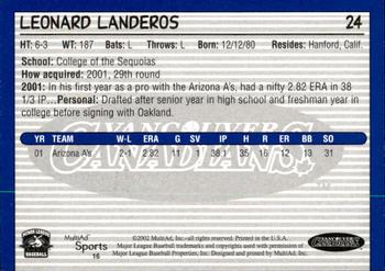 2002 MultiAd Vancouver Canadians #16 Leonard Landeros Back