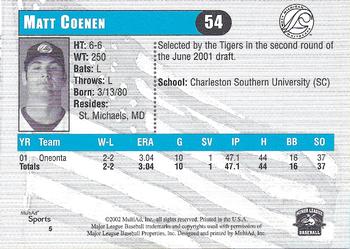 2002 MultiAd West Michigan Whitecaps #5 Matt Coenen Back
