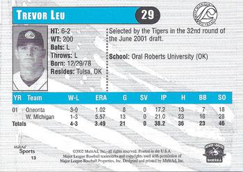 2002 MultiAd West Michigan Whitecaps #13 Trevor Leu Back