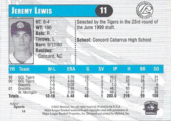 2002 MultiAd West Michigan Whitecaps #14 Jeremy Lewis Back