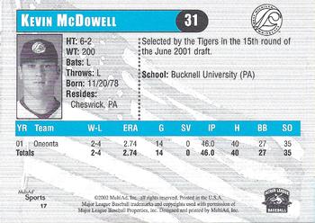 2002 MultiAd West Michigan Whitecaps #17 Kevin McDowell Back