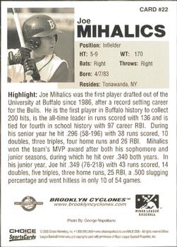 2005 Choice Brooklyn Cyclones #22 Joe Mihalics Back