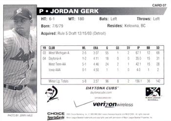 2005 Choice Daytona Cubs #07 Jordan Gerk Back