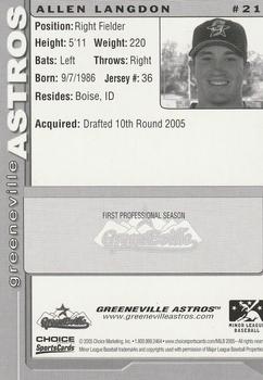 2005 Choice Greeneville Astros #21 Allen Langdon Back