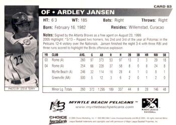 2005 Choice Myrtle Beach Pelicans #03 Ardley Jansen Back