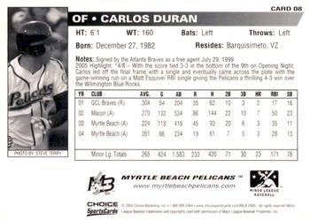 2005 Choice Myrtle Beach Pelicans #08 Carlos Duran Back