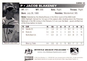 2005 Choice Myrtle Beach Pelicans #12 Jacob Blakeney Back