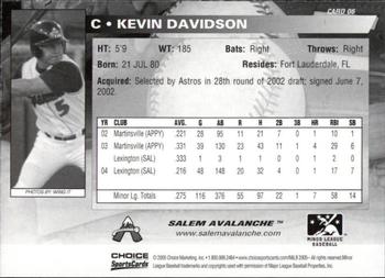 2005 Choice Salem Avalanche #06 Kevin Davidson Back