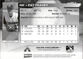2005 Choice Salem Avalanche #16 Pat Peavey Back