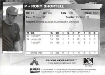 2005 Choice Salem Avalanche #19 Rory Shortell Back
