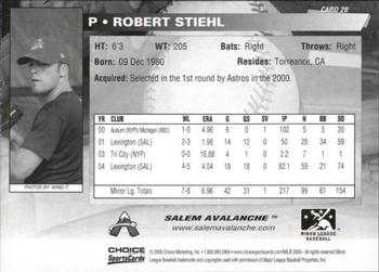 2005 Choice Salem Avalanche #20 Robert Stiehl Back