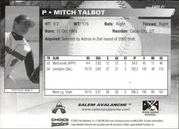 2005 Choice Salem Avalanche #21 Mitch Talbot Back