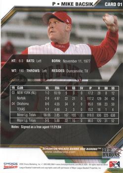 2005 Choice Scranton/Wilkes-Barre Red Barons #01 Mike Bacsik Back