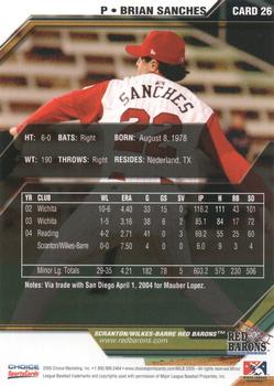 2005 Choice Scranton/Wilkes-Barre Red Barons #26 Brian Sanches Back