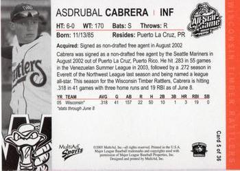 2005 MultiAd Midwest League All-Stars Western Division #5 Asdrubal Cabrera Back
