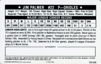 1981 Perma-Graphics Superstar Credit Cards (125- prefix) #125-028 Jim Palmer Back