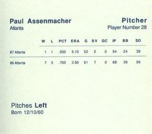 1988 Parker Bros. Starting Lineup Talking Baseball Atlanta Braves #28 Paul Assenmacher Back