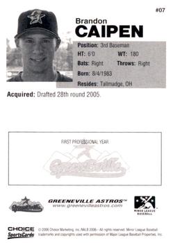 2006 Choice Greeneville Astros #07 Brandon Caipen Back