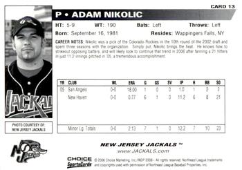 2006 Choice New Jersey Jackals #13 Adam Nikolic Back
