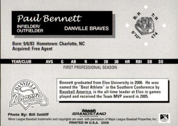2006 Grandstand Danville Braves #3 Paul Bennett Back