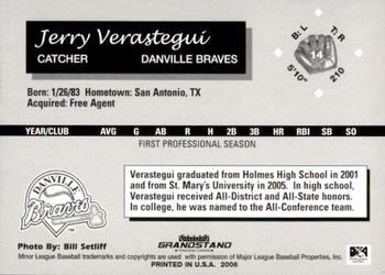 2006 Grandstand Danville Braves #14 Jerry Verastegui Back