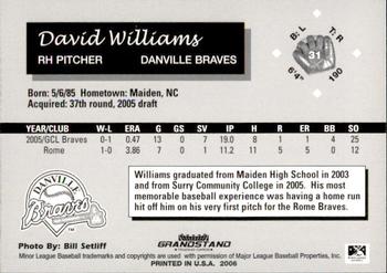 2006 Grandstand Danville Braves #15 David Williams Back