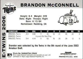 2006 Grandstand Elizabethton Twins #9 Brandon McConnell Back
